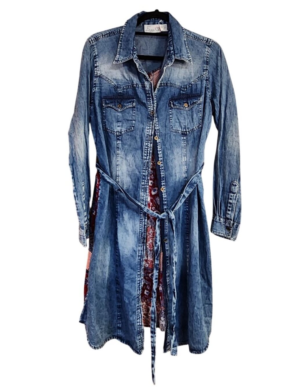 Emma G Denim Jean Shirt Dress Faux Quit inspired back Womens size M